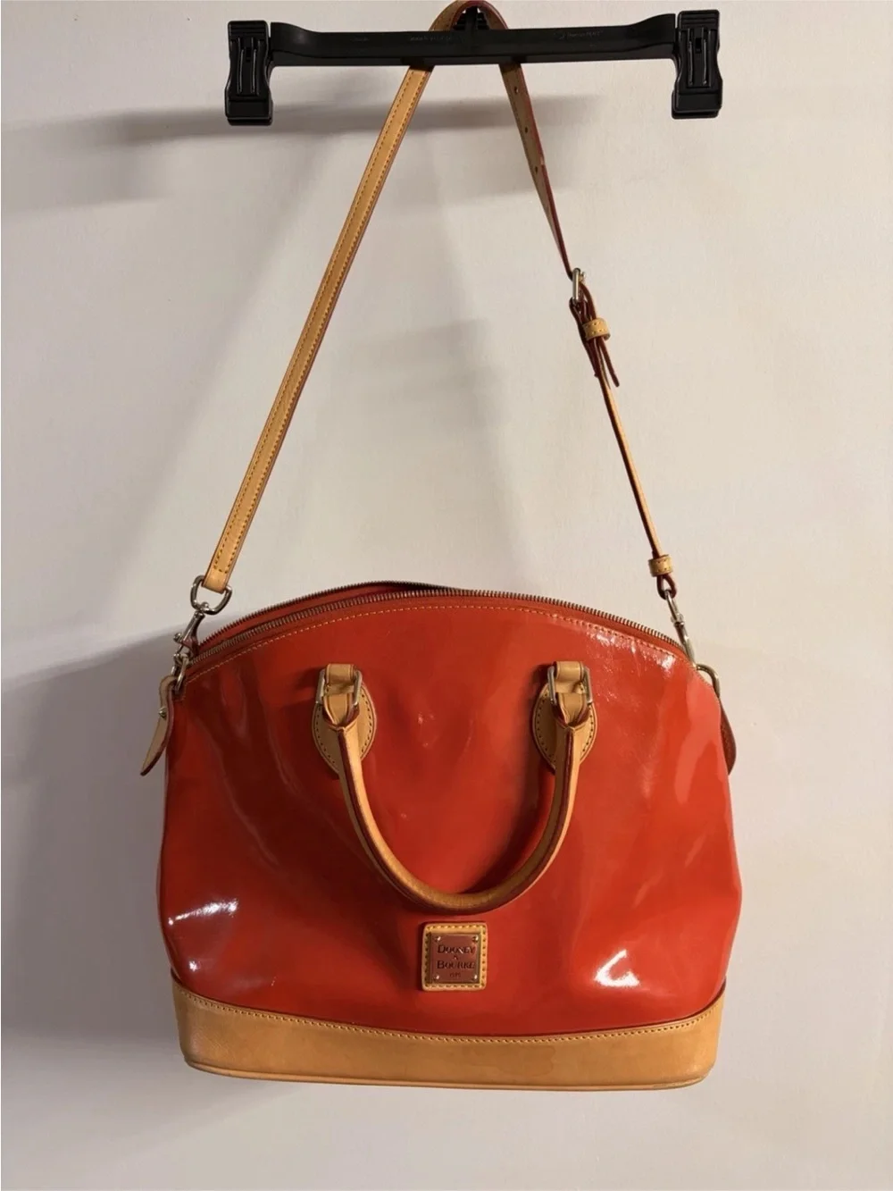 Dooney & Bourke Orange Patent Satchel with Tan Trim and Strap